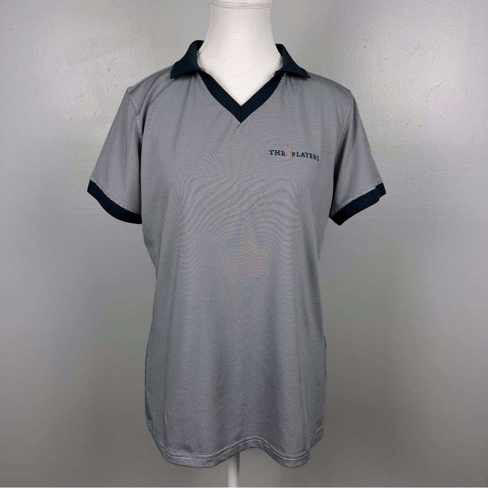 FootJoy women’s collared v-neck navy & white micro striped golf top, size M.